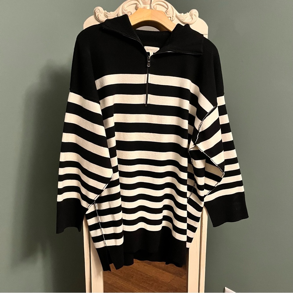 Promesa Black and White Stripped Quarter-Zip Mini Sweater Dress